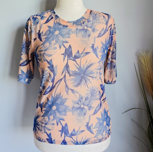 Anthropologie, New, Porridge Mesh Blue Floral Half Sleeve Top, Size Medium - Picture 12 of 12